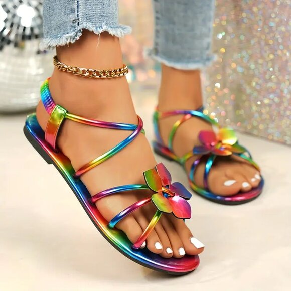Rainbow Floral Flat Sandals โ Retro Open-Toe Roman Style, Comfy & Colorful - Picture 3 of 7